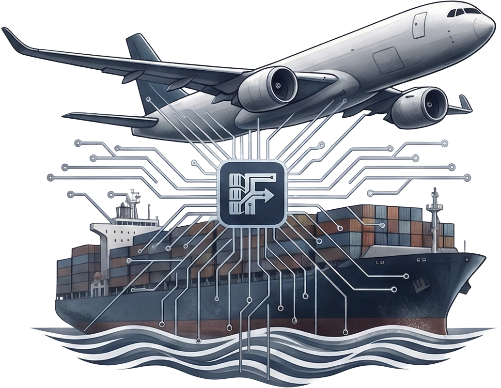 Ilustración de SMART International Freight con avión, buque de carga y trazos de circuito